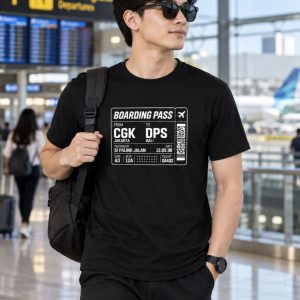 Alternative view of Airport.id “Si Paling Jalan – CGK to DPS” Boarding Pass T-Shirt