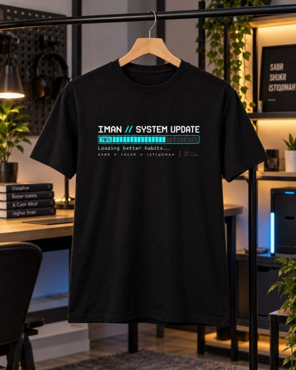 “Iman System Update – Loading Better Habits” Islamic T-Shirt – Black