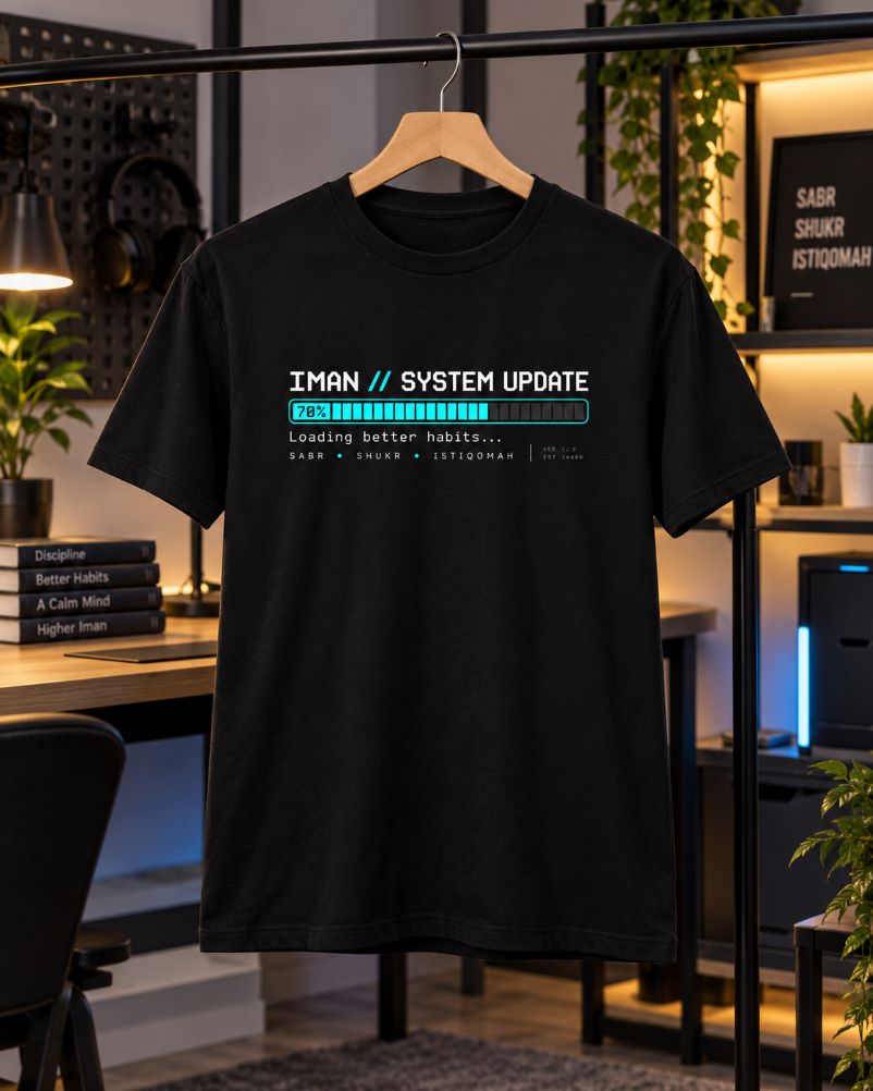 “Iman System Update – Loading Better Habits” Islamic T-Shirt – Black
