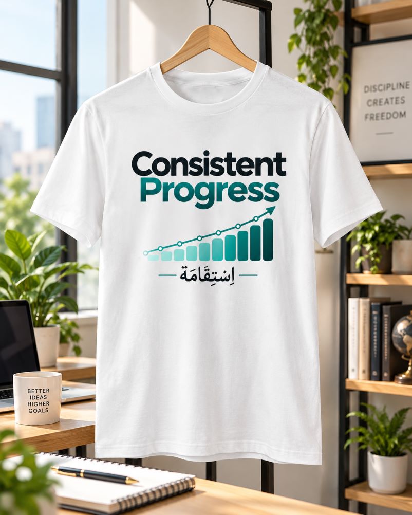 “Consistent Progress – Istiqamah” Islamic T-Shirt – White