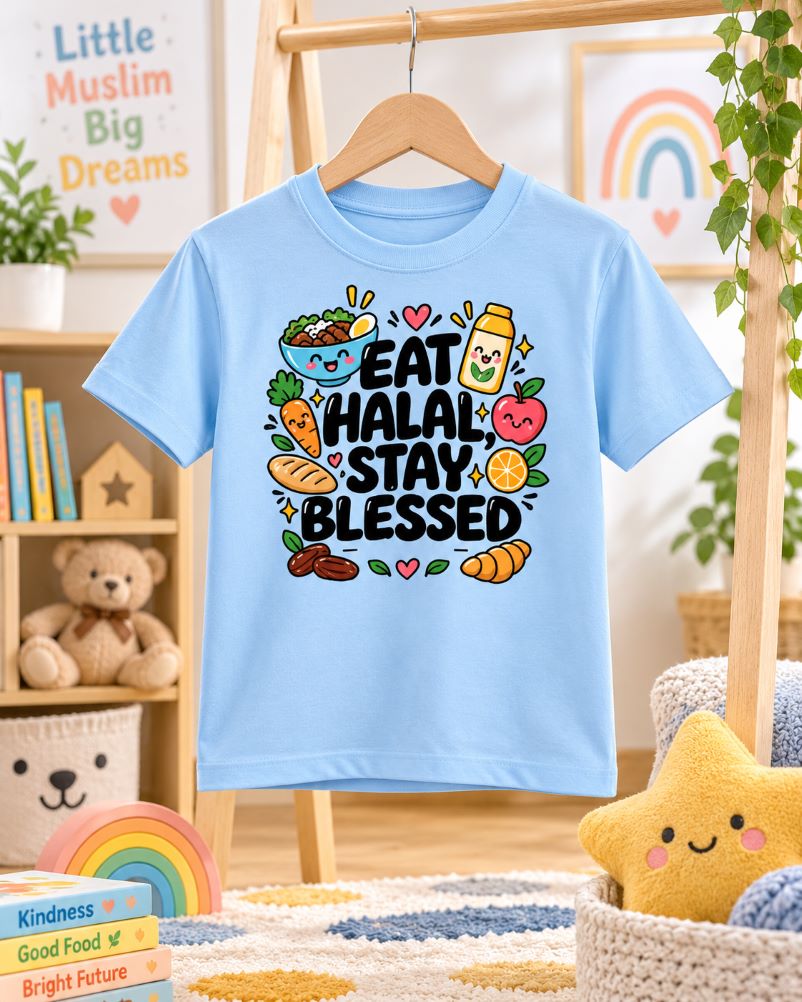 “Eat Halal, Stay Blessed” Kids T-Shirt – Light Blue