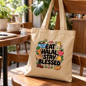 “Eat Halal, Stay Blessed” Islamic Tote Bag – Natural
