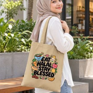 Alternative view of “Eat Halal, Stay Blessed” Islamic Tote Bag – Natural